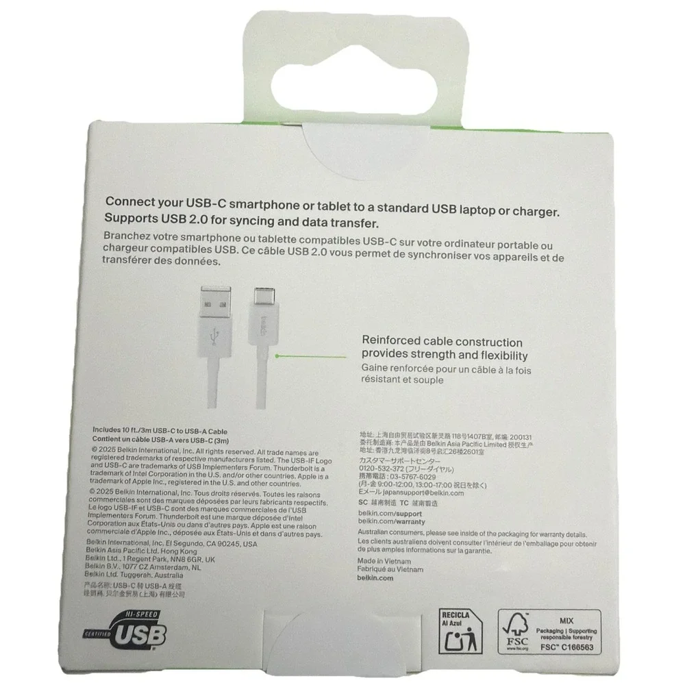 Belkin USB-C to USB-A‎ White Cable (3M /10ft) for Apple/Samsung/Google/LG . New